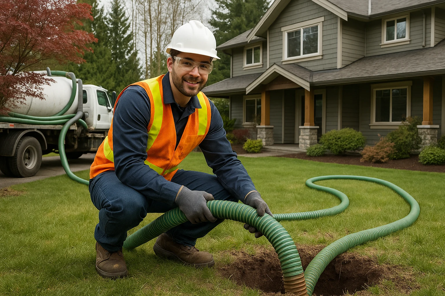 Professional septic fieldwork at a Maple Ridge property during an urgent or active service call by a technician in a hard hat, high-visibility vest, and safety glasses