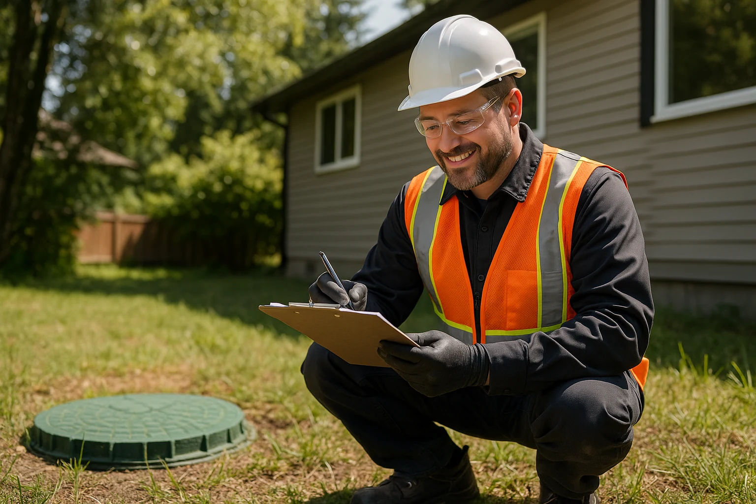 Professional septic technician in a hard hat, high-visibility vest, and safety glasses documenting site details for preventative maintenance at a Maple Ridge property
