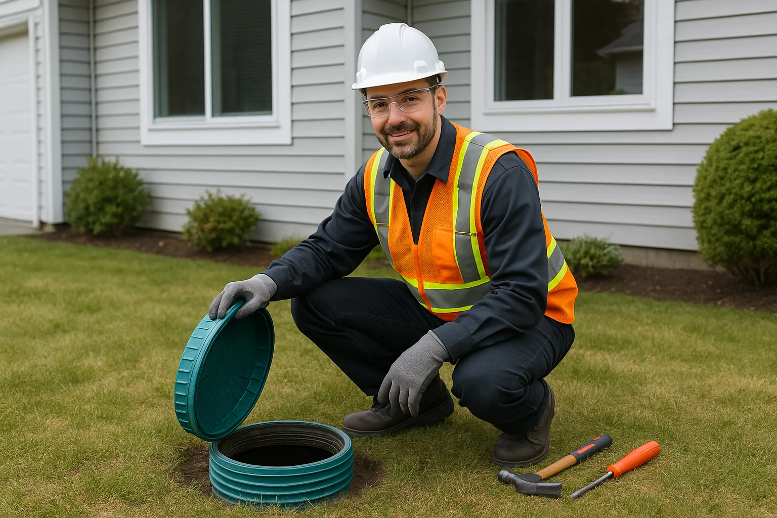 Professional technician in a hard hat, high-visibility vest, and safety glasses inspecting a septic access point at a Maple Ridge home
